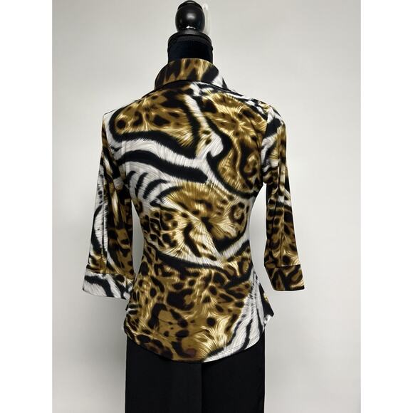 VTG 90s Top Womens Leopard Print Animal Cheetah Medium V-neck 70s Style Collar - Picture 5 of 15